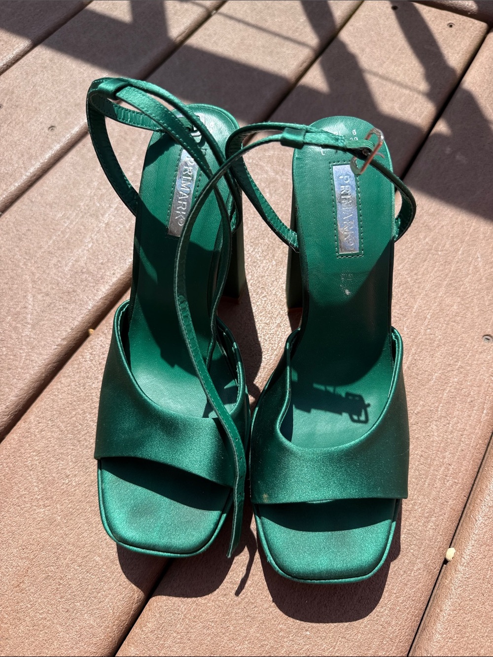 Primark Green Satin Square Toe Strappy Heels